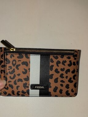 Fossil Leopard Print Card Wallet Keychain with Stripe Accent